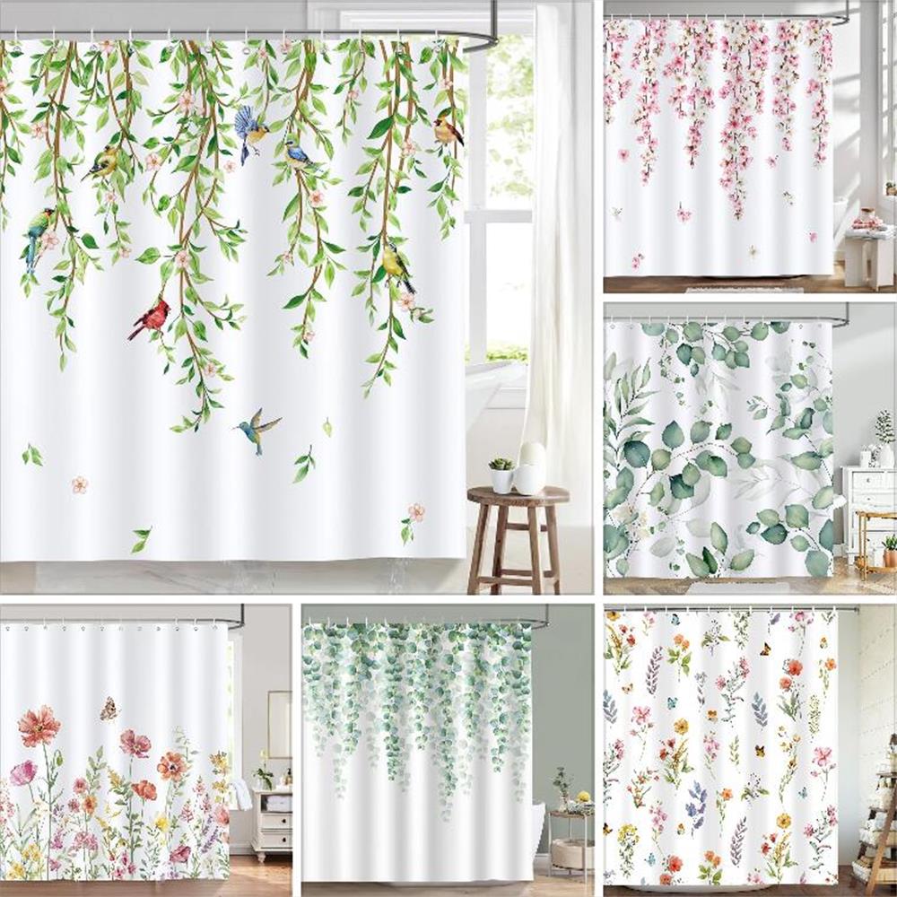Green Leaves Birds Shower Curtain Spring Hanging Vine watercolour Leaf Bath Curta Polyester Fabric Bathroom Decor with Hooks