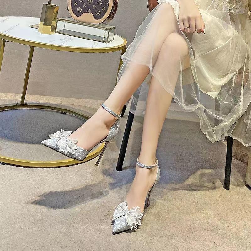 Мода Элегантные Серебристые Туфли-лодочки на Высоком Каблуке Женские Осенние Большого Размера 42 Ремешки на Щиколотке Праздничная Обувь Женская Острый Носок Бант Свадебная Обувь