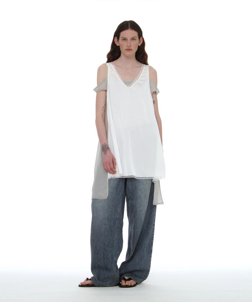 Partimento Woman Asymmetric Lace Trim Slip Dress_White