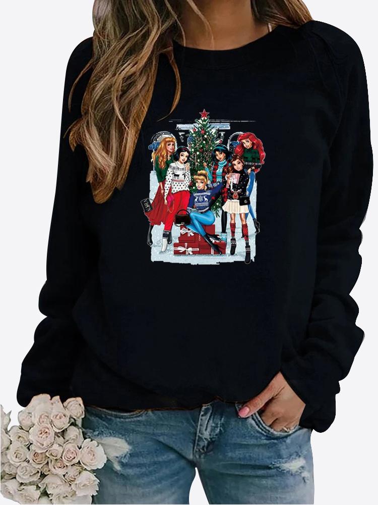 Spring and Autumn Women's Christmas Theme Printed Sweater Thickened Round Neck Long Sleeve Casual Sweatshirt Plus Size Top