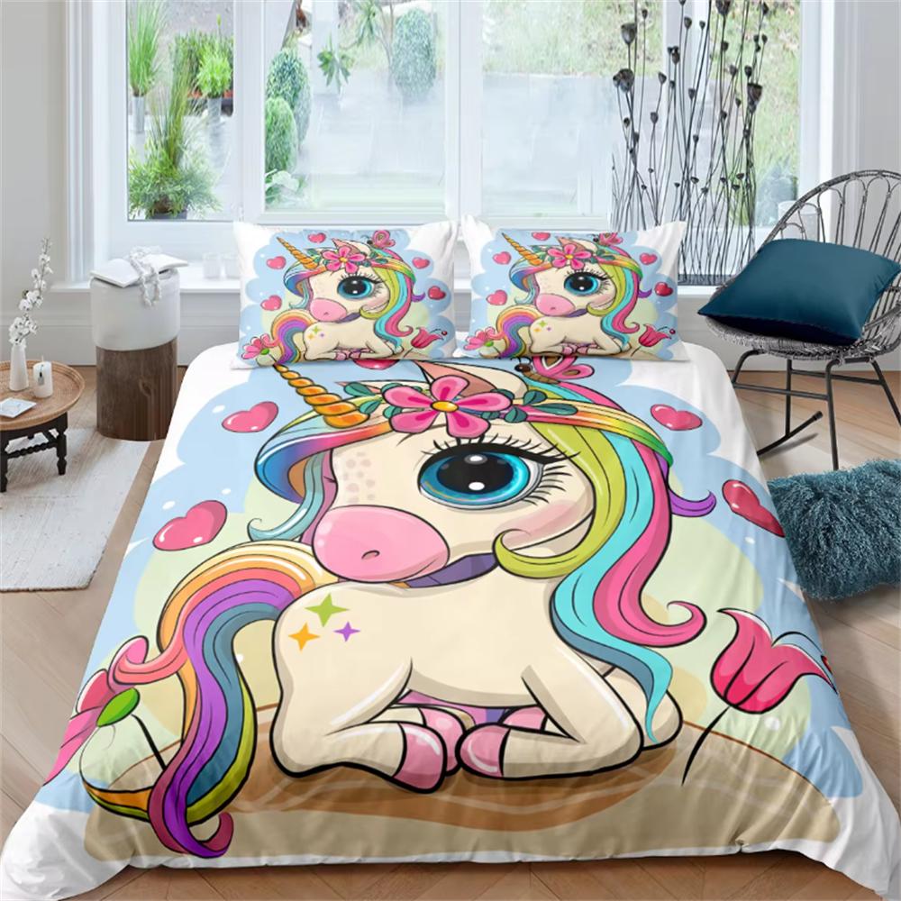 Children Bedding Sets Gifts Unicorn and Colorful Horse Printing Duvet Cover Sets for Kids Girls Boys 2/3 Pcs Single Pink Quilts