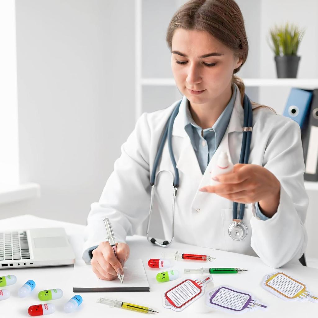 48 Pieces Fun Nurse Pens Set 12 Pcs Syringe Pens 12 Pcs Pill Pens 24 Pcs Blood Bag Sticky Notes Retractable Novelty Ballpoint Pen Cute Ballpoint Pens