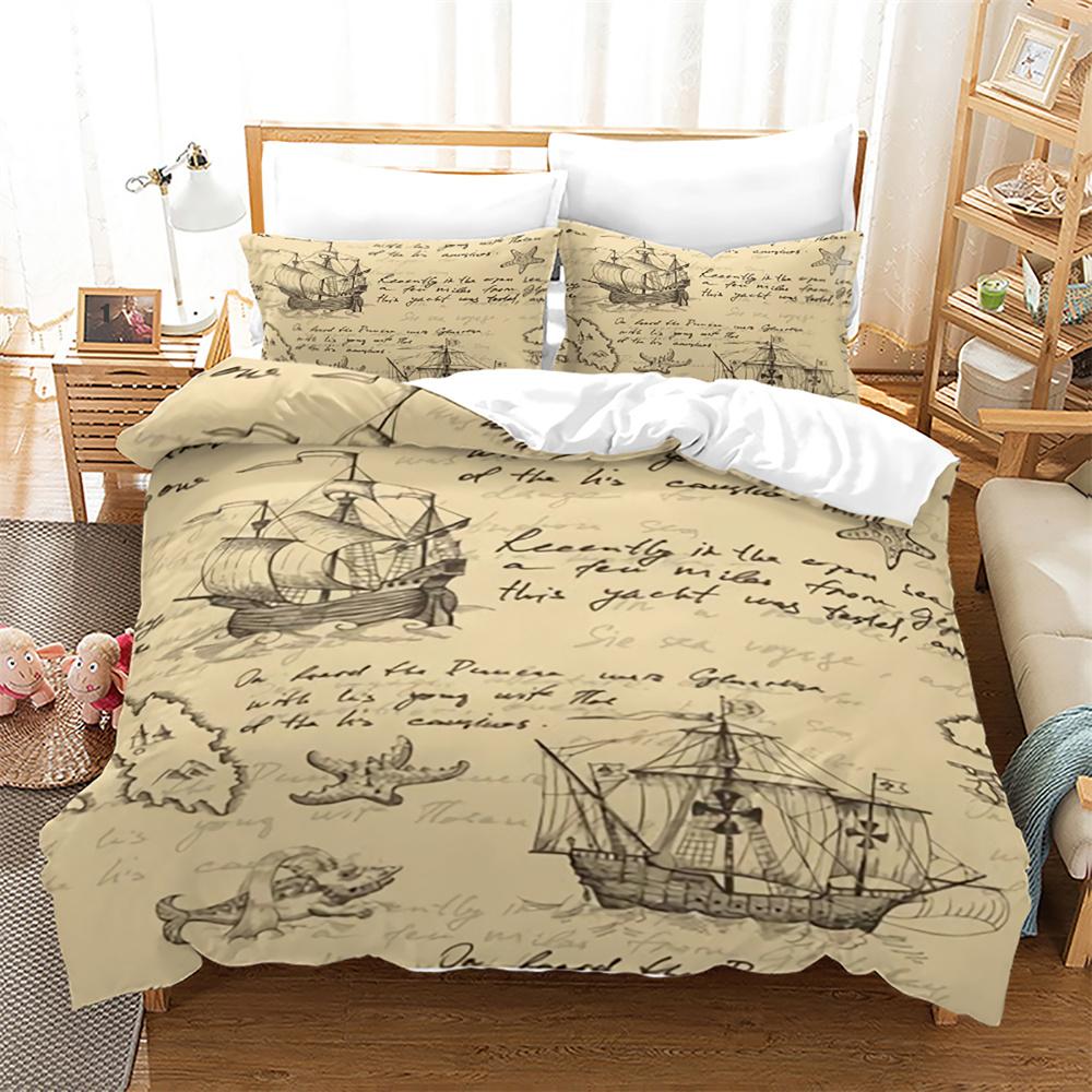 Pirate Ships Duvet Cover Set Vintage Nautical Style Comforter Cover Polyester Bedding Set Medieval Sailing Ship King Queen Size
