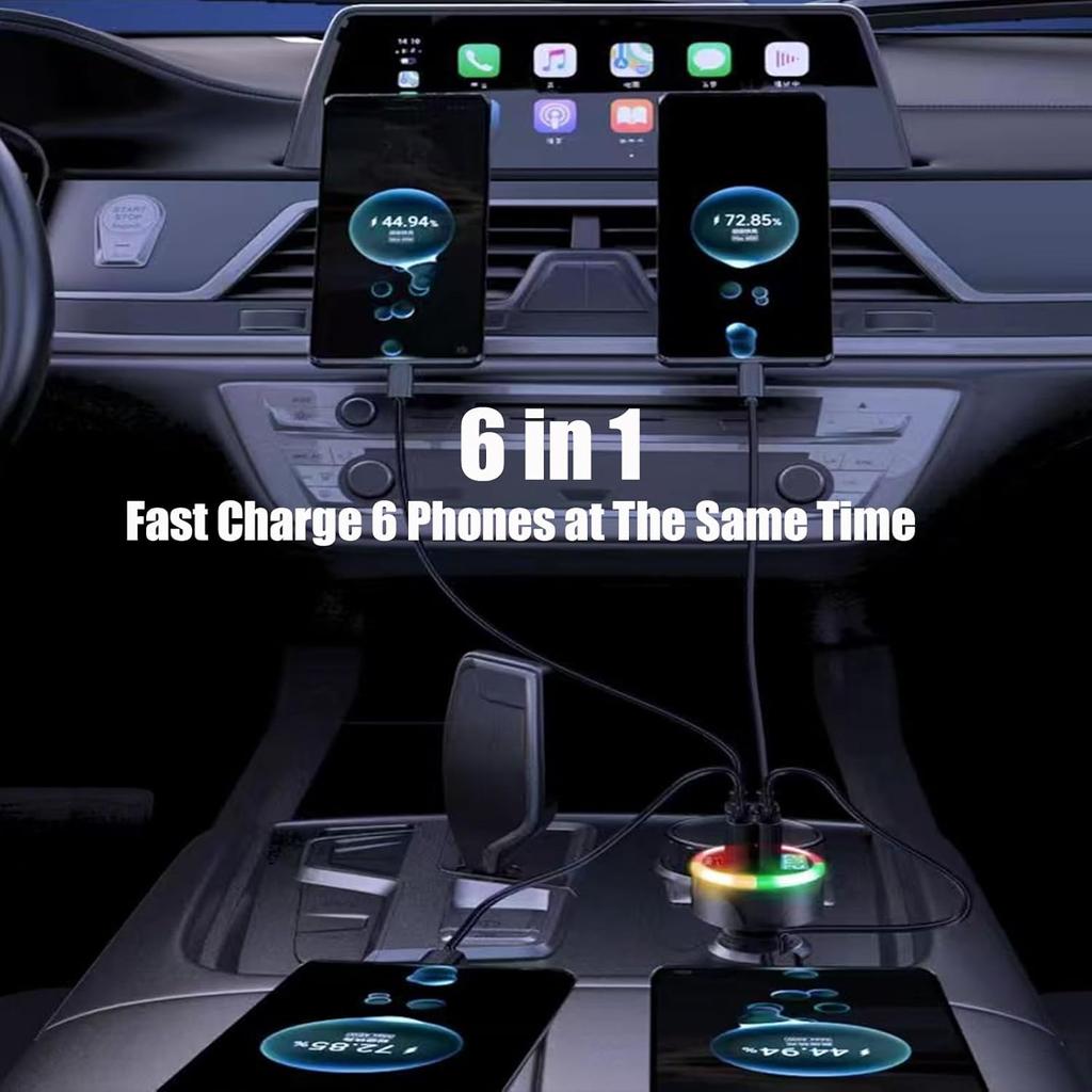 Автомобильное зарядное устройство USB C 6 в 1, быстрая зарядка с отображением напряжения, 250 Вт, многопортовый