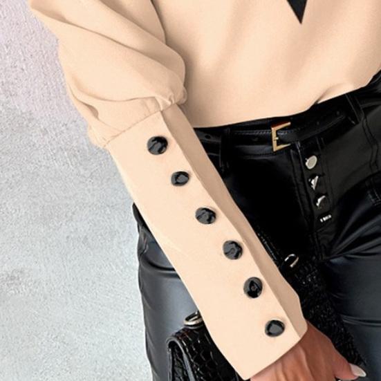 Цветной большой размер шеи, мягкая пуговица с декором, V-образный вырез и длинный рукав, контрастный лоскутный пуловер, топ в повседневном стиле