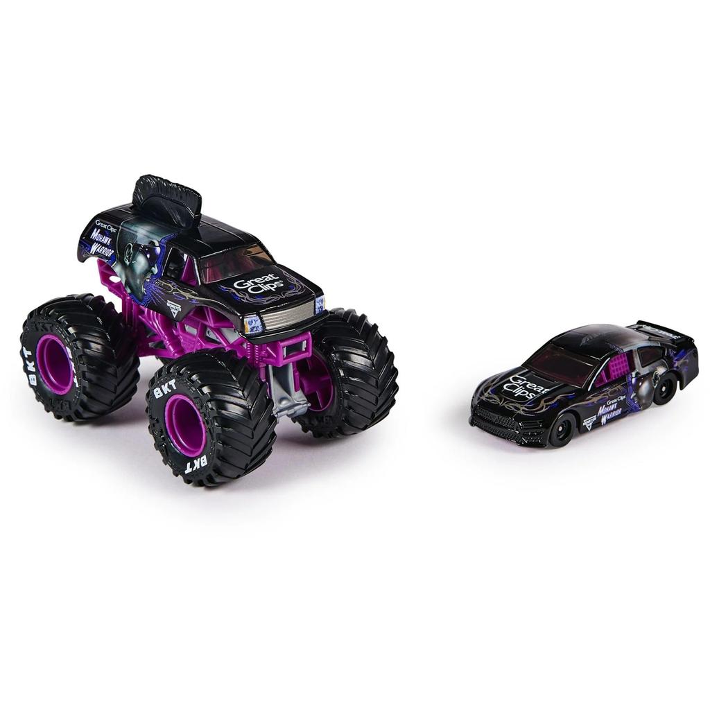 Monster Jam Official 1:64 Scale Diecast Monster Trucks and Race Cars Series 4 Mohawk Warrior, Purple 2-Pack