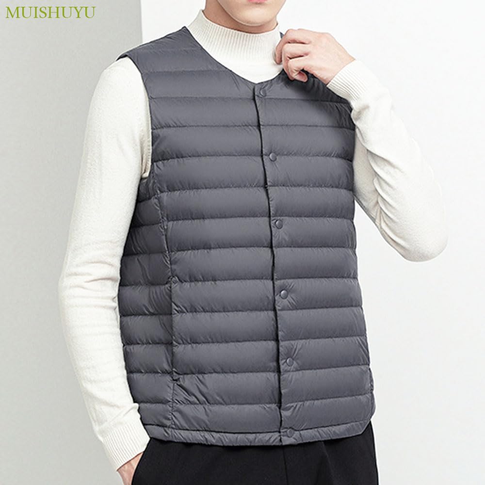 MUISHUYU Ultra-Light Inner Down Vest, 2-Way Neck, Men’s (M / Gray)