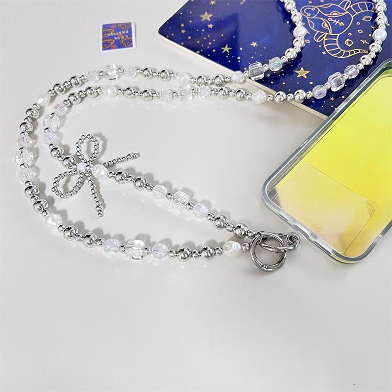 Ремешок для мобильного телефона, шнурок через плечо, бант, серебряные бусины, цепочка для телефона для iPhone, Samsung, Xiaomi, анти-потеря, шейный шнур, подвесной шнур