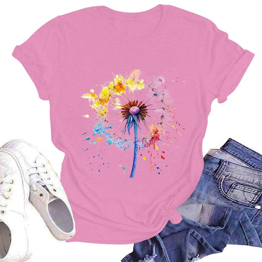 Women's Casual Round Neck Short Sleeve Pullover Printed T-Shirt Top