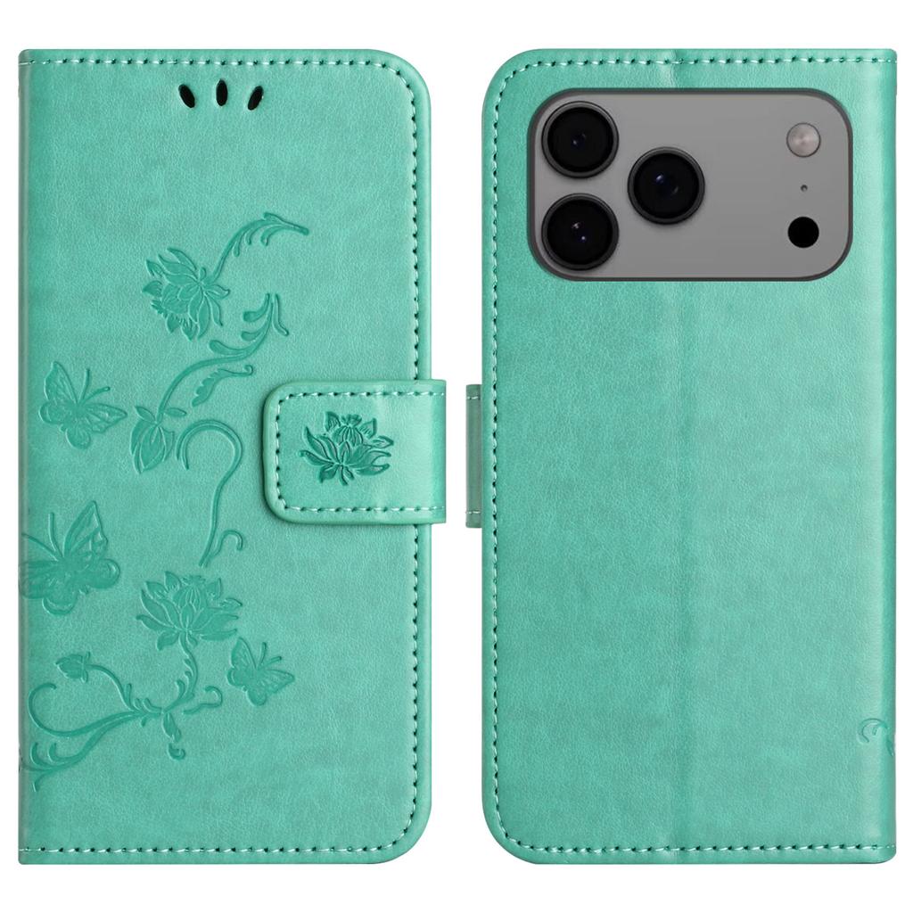 For iPhone 17 Pro Case Wallet Stand Imprinted Butterfly Flower PU Leather Phone Cover