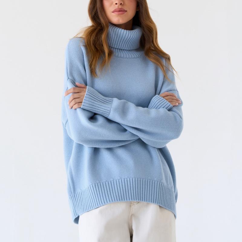 Женский свитер с высоким воротом, осенне-зимний свободный свитер, классический универсальный однотонный женский вязаный свитер-пуловер
