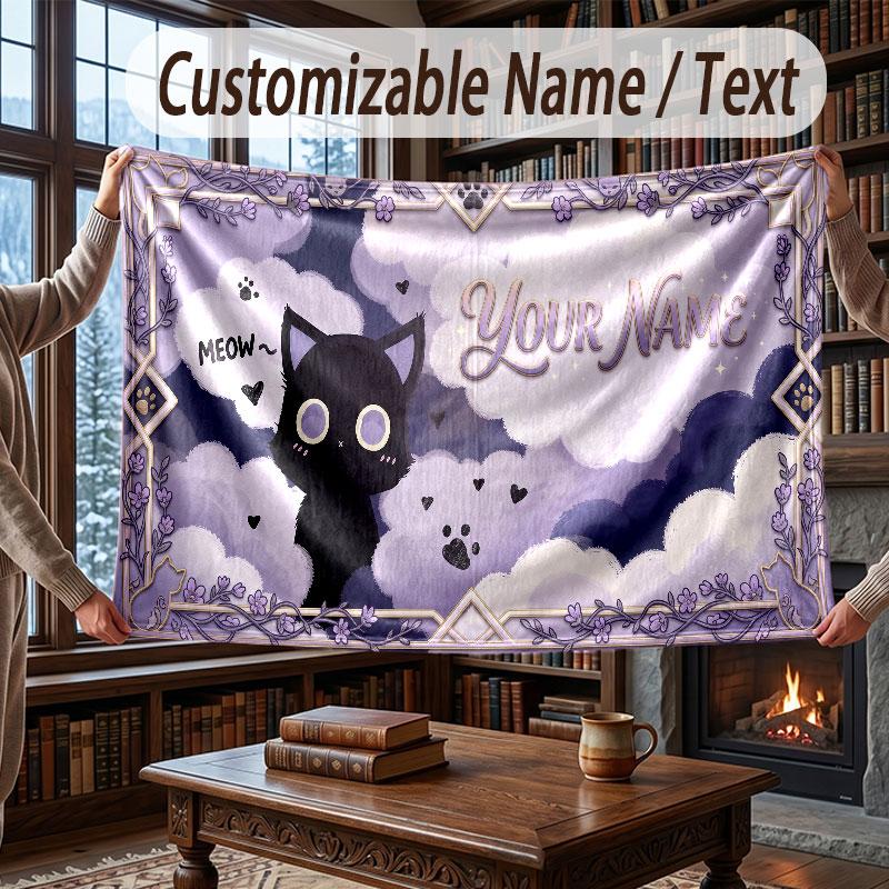 Cat Theme Throw Blanket Custom Name Text Personalized Blanket Soft Cozy Blanket for Home Sofa Bed