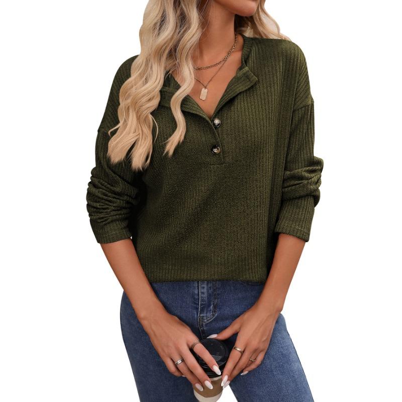 Women's Autumn and Winter Loose Casual Pit Strip Long Sleeve Button T-shirt Top