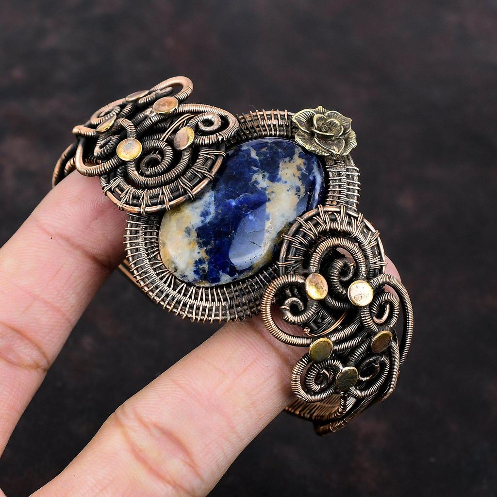 Браслет-манжета из содалита, медная проволока, регулируемый браслет, браслет ручной работы, браслет из драгоценных камней, браслет-манжета с цветком, медная проволока, ювелирное изделие, подарок для нее