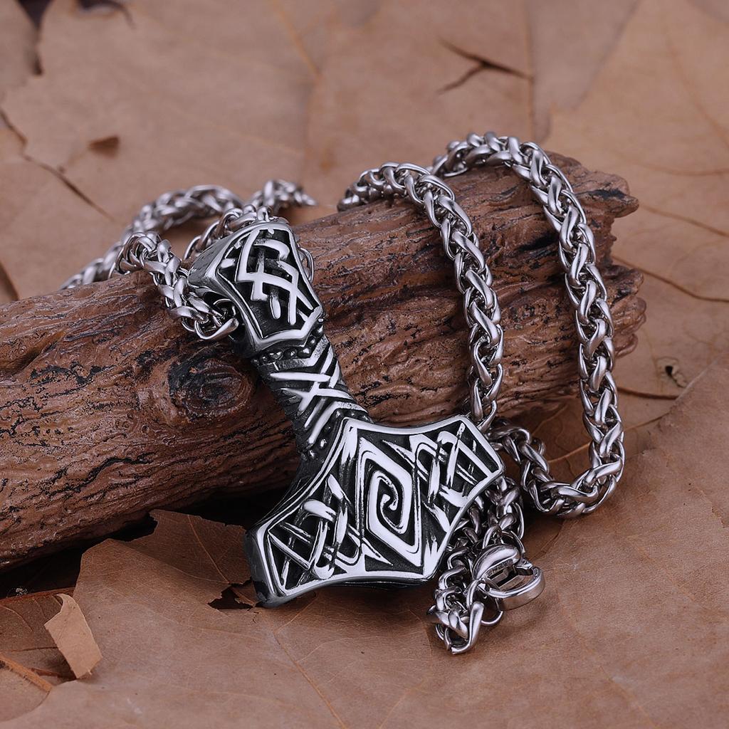 Nordic Mythology Odin Thor Hammer Pendant Men Stainless Steel Rune Amulet Necklace Slavic Warrior Weapon Jewelry Gift