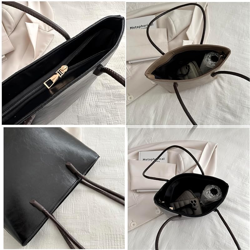 [Lotte Raka] Tote Bag With Zipper Luxury  Handbag Handbag Lightweight PU Leather Ladies Men's (Khaki)