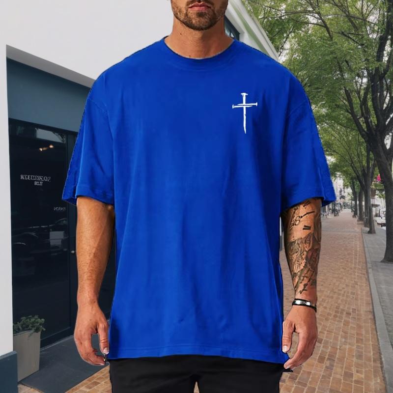 Large Cotton Men's Personalized Cross Print Men's Fitness T-shirt Loose Short Sleeved Round Neck Top T-shirt Daily Casual Wear