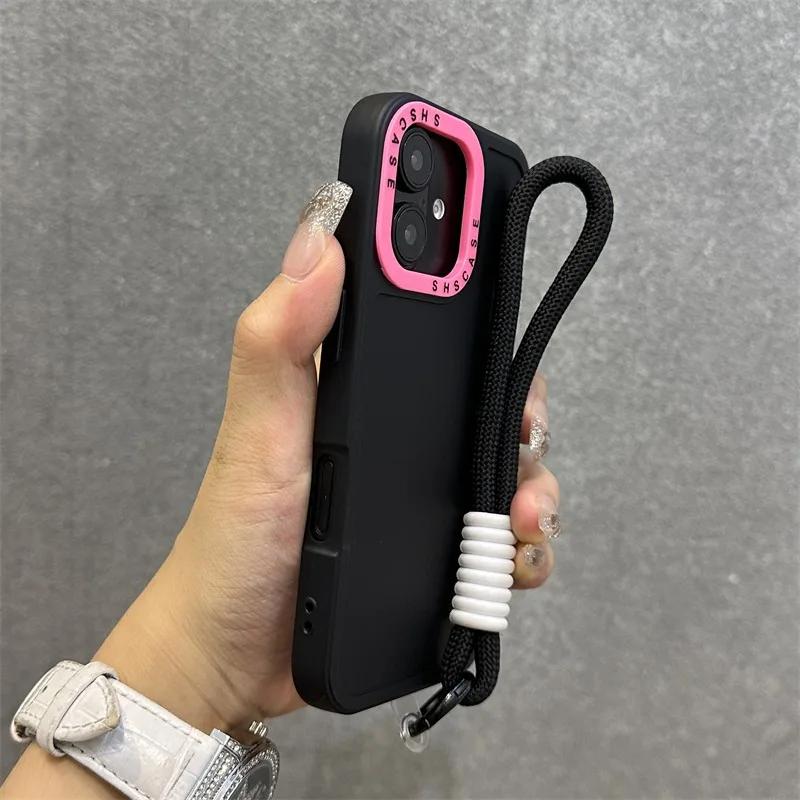 Силиконовый чехол для телефона с амортизацией для iPhone 11-17 Pro Max Plus с матовым покрытием и ремешком на запястье
