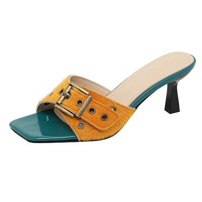 Модные высококачественные тапочки на высоком каблуке из искусственного меха, женские модные разноцветные тапочки-слайдеры с квадратным носком и пряжкой, удобная брендовая дизайнерская обувь