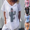 2023 New Summer Fashion Short Sleeves T Shirt Tops Casual Loose Funny Cactus Printed Cotton Linen Shirt Top Blouse for Women Plus Size S-5XL