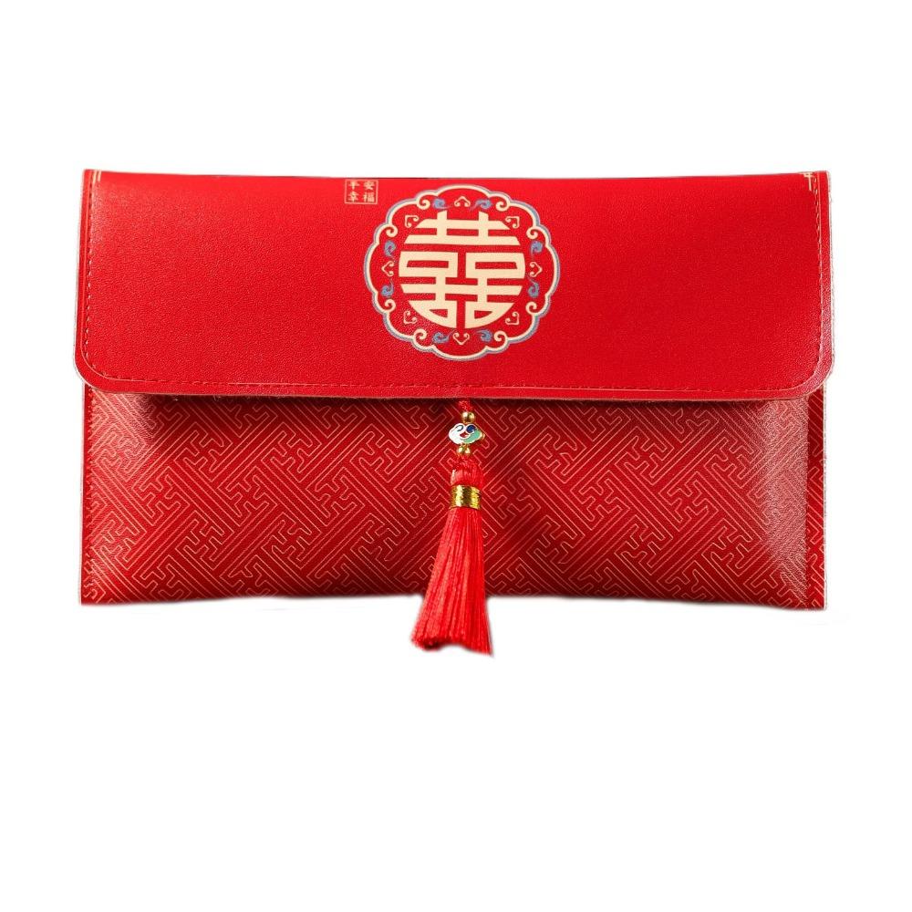 Chinese New Year PU Lucky Red Pockets Button Blessing Words Tassel Red Envelop PU Leather Spring Festival Wedding Money Bag