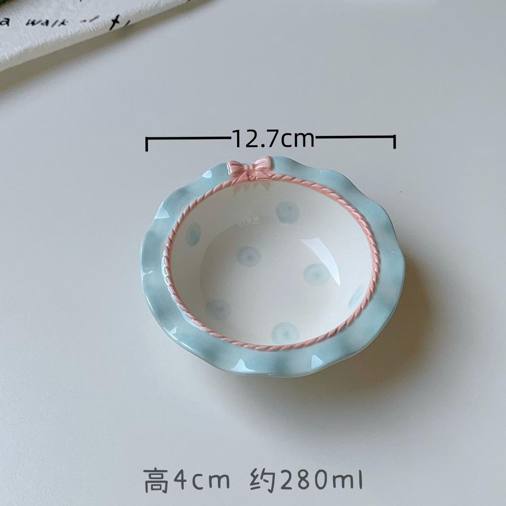 INS Style Korean Style Girl Heart Pink Ceramic Tableware Set Polka Dot Bow Cute Small Bowl Rice Bowl Deep Plates Cute Plates