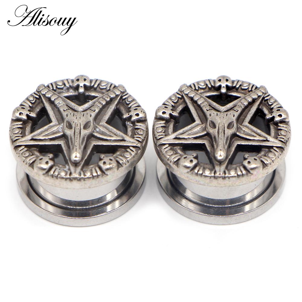 Alisouy 2 шт. Нержавеющая сталь Череп Звезда Шкив Ушные туннели Носилки пирсинг беруши расширители украшения для тела Женщины Мужчины подарок