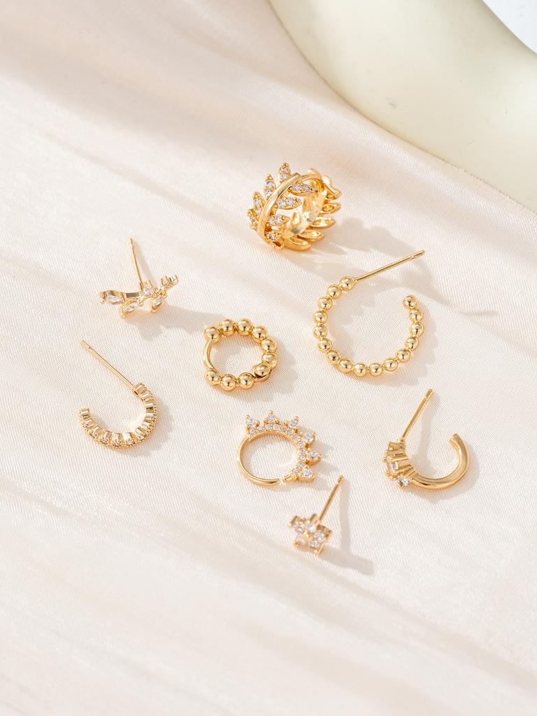 8pcs/set Exquisite Cubic Zirconia Leaf Geometric Ear Clip Stud Earring For Women's Wedding Party Accessories, High-End Jewelry