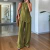Women's Irregular Hem 2 Piece Outfit Sleeveless Crew Neck Top Wide Leg Pants Lounge Set Summer Casual Tracksuit