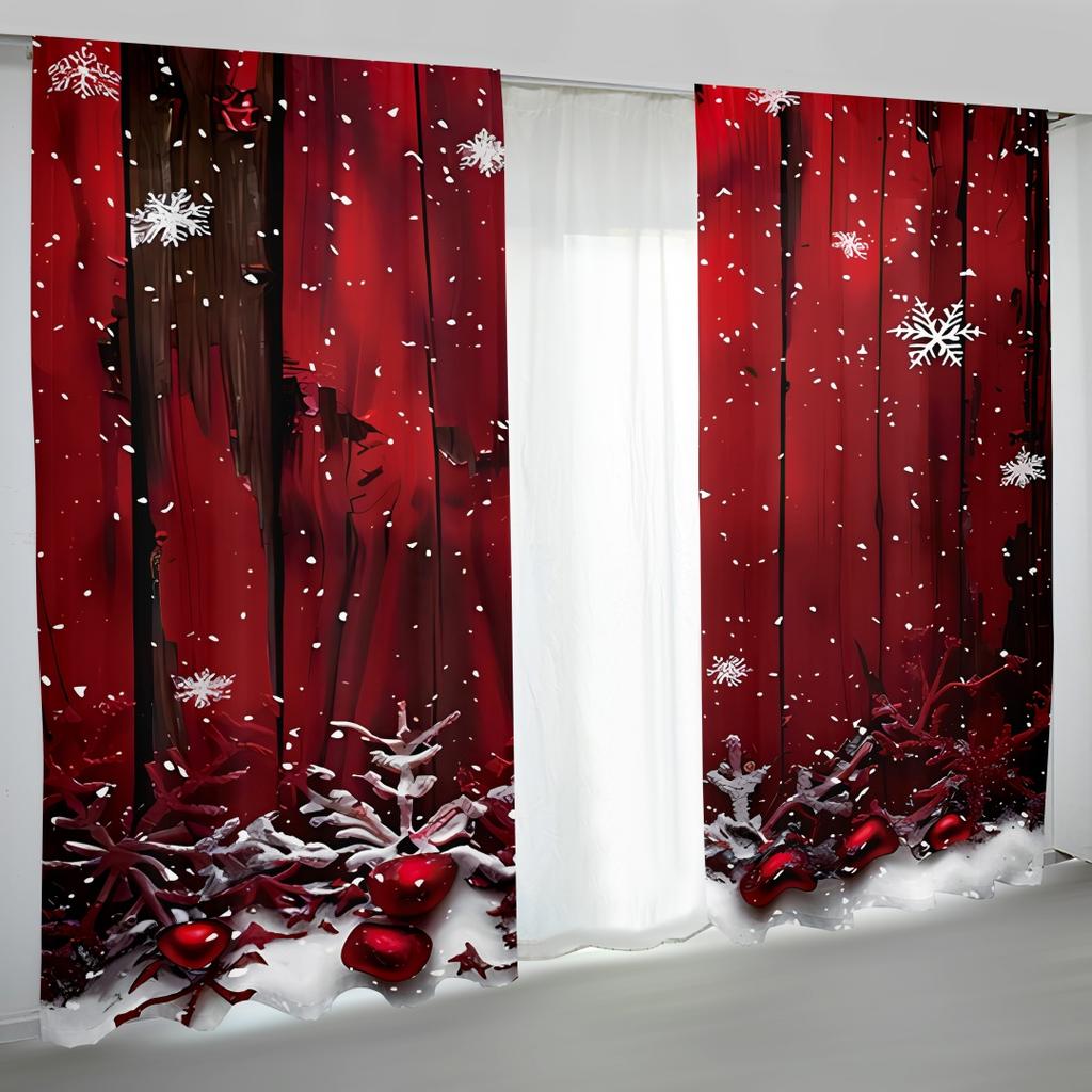 2PCS Merry Christmas Red New Year Gold Ball White Snowflake Light Filtering Curtains for Living Room Bedroom Window Drape Decor