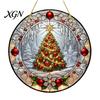 Round Stained Glass Xmas Ornaments Style Acrylic Window Hanging, Christmas Tree Snow Scene Indoor Party Decorations Suncatcher, Door Home Decor