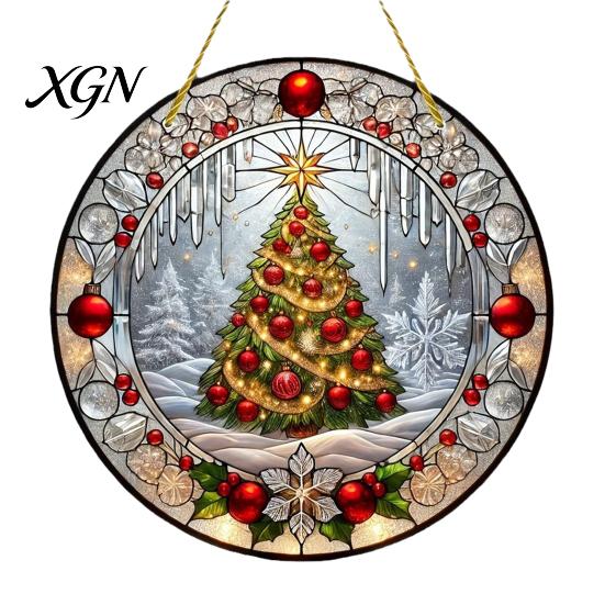 Round Stained Glass Xmas Ornaments Style Acrylic Window Hanging, Christmas Tree Snow Scene Indoor Party Decorations Suncatcher, Door Home Decor