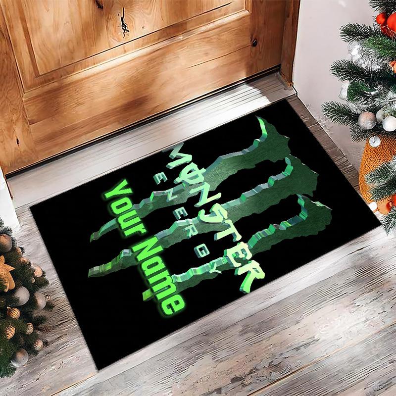 Monster Energy Crystal Velvet Rug, Custom Name Text Personalized Non‑Slip Floor Mat for Home Decor Gift