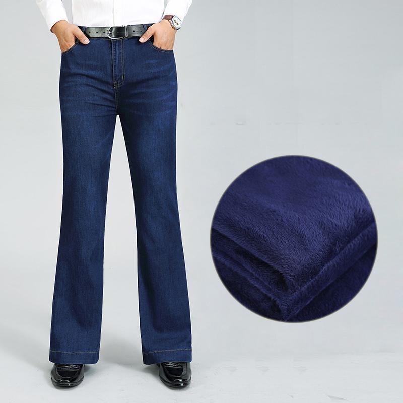 Мужские зимние флисовые джинсы буткат средней посадки Мужские эластичные расклешенные джинсы средней посадки