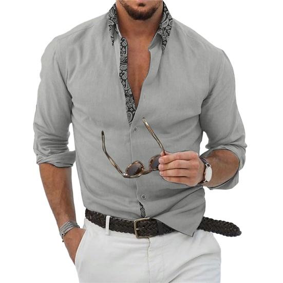 Осенне-весенняя мужская рубашка с однотонным принтом и пуговицами на лацканах с длинным рукавом, однобортная, облегающая, формальная, деловая, мужская рубашка средней длины