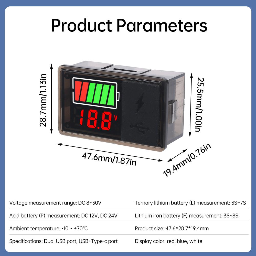 Цифровой индикатор напряжения батареи Type-c USB DC 8~30V Дисплей Светодиодный Тестер Индикатор уровня заряда Измеритель емкости литиевой батареи