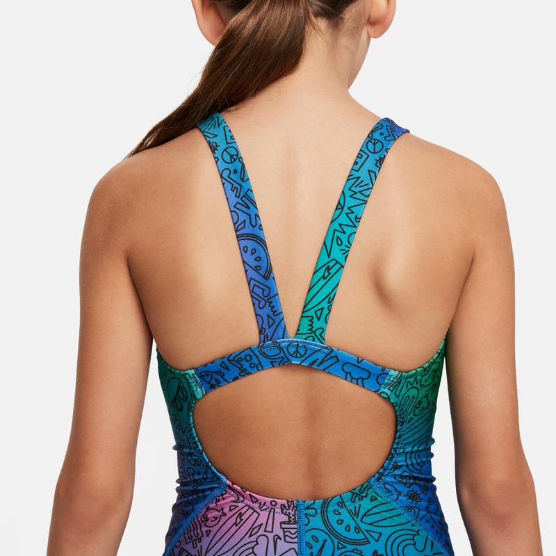 Nike SS24 Удобный, приятный для кожи, дышащий, цельный детский купальник с коротким рукавом, детский купальник черного цвета с зеленым оттенком FZ6158-010