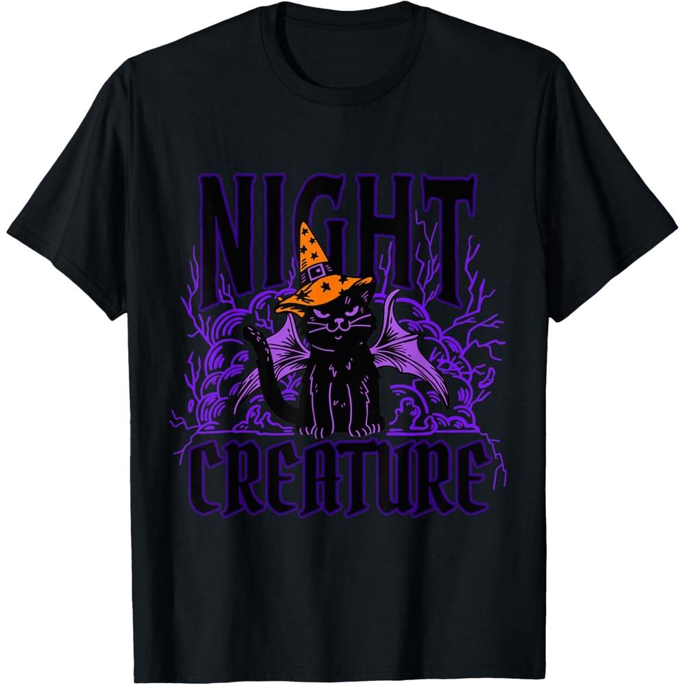 Night Creature Halloween Black Cat Witch Hat T Shirt
