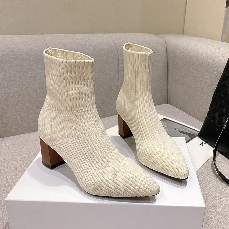 Мода Зима Вязаные Носки Ботильоны Женская Обувь Высокие Каблуки Острый Носок Ботильоны Бренд 2025 Тренд Новый Комфорт Элегантное Платье Ботас Мухер