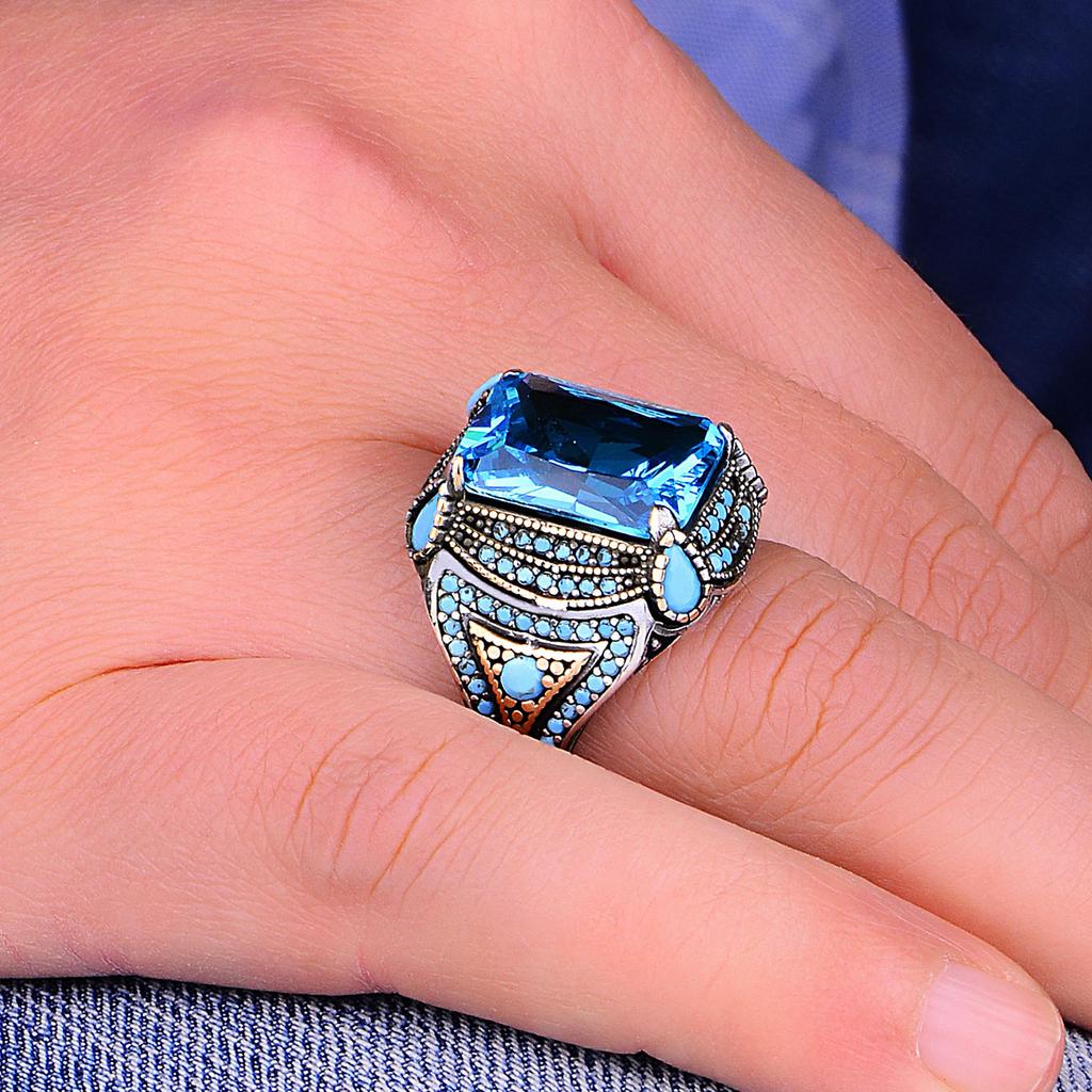 Серебряное мужское кольцо с аквамариновым камнем, уникальное мужское кольцо из стерлингового серебра 925 пробы в стиле Османской империи, элегантный подарок для мужчин