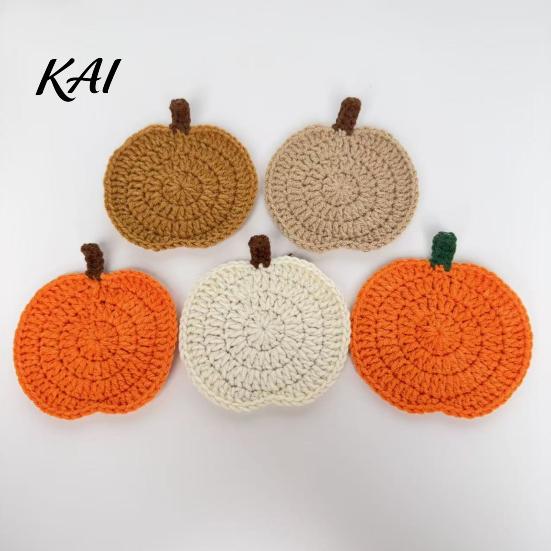 Crochet Pumpkin Cushion Handmade Coasters, Soft Polyester Coffee Mats, Gift for Housewarming Autumn Themed Farmhouse Dining Accessories Kitchen Table