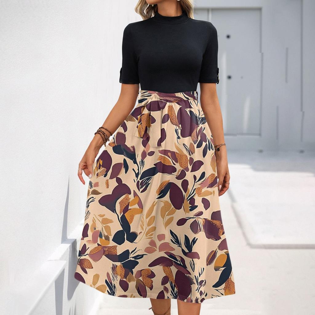 Женское модное повседневное платье с коротким рукавом и круглым вырезом с цветочным принтом и элегантным темпераментом