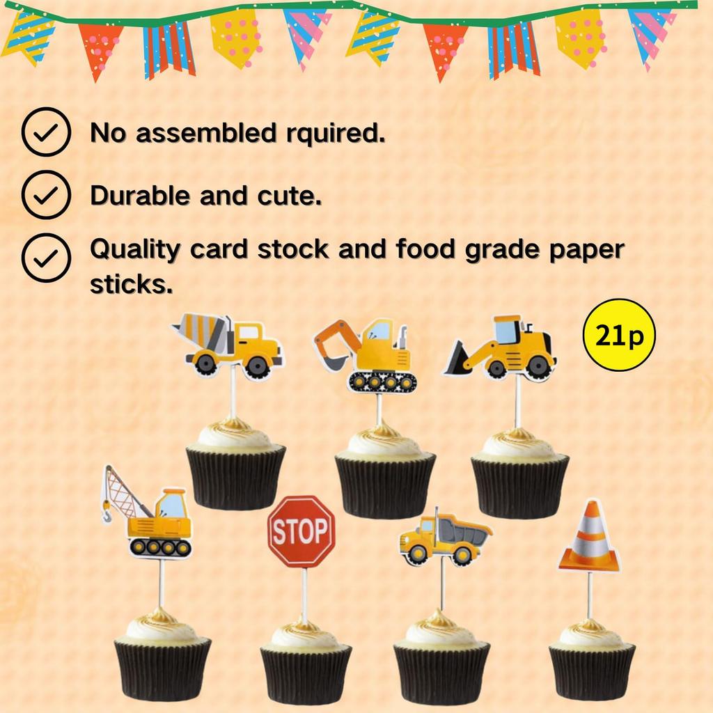 Construction Cupcake Toppers Picks Dump Truck Excavator Tractor Cake Toppers for Kids Birthday Baby Shower Party Decorations