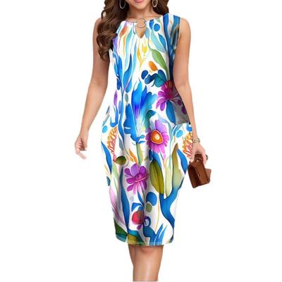 Женское платье больших размеров без рукавов с круглым вырезом и принтом, элегантное облегающее платье длиной до колена