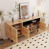 Buffet moderne en bois, meuble de rangement à 3 portes avec étagères ouvertes, 160 x 35 x 76 cm, pieds hauts, couleur bois naturel.