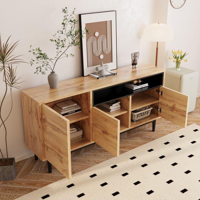 Buffet moderne en bois, meuble de rangement à 3 portes avec étagères ouvertes, 160 x 35 x 76 cm, pieds hauts, couleur bois naturel.