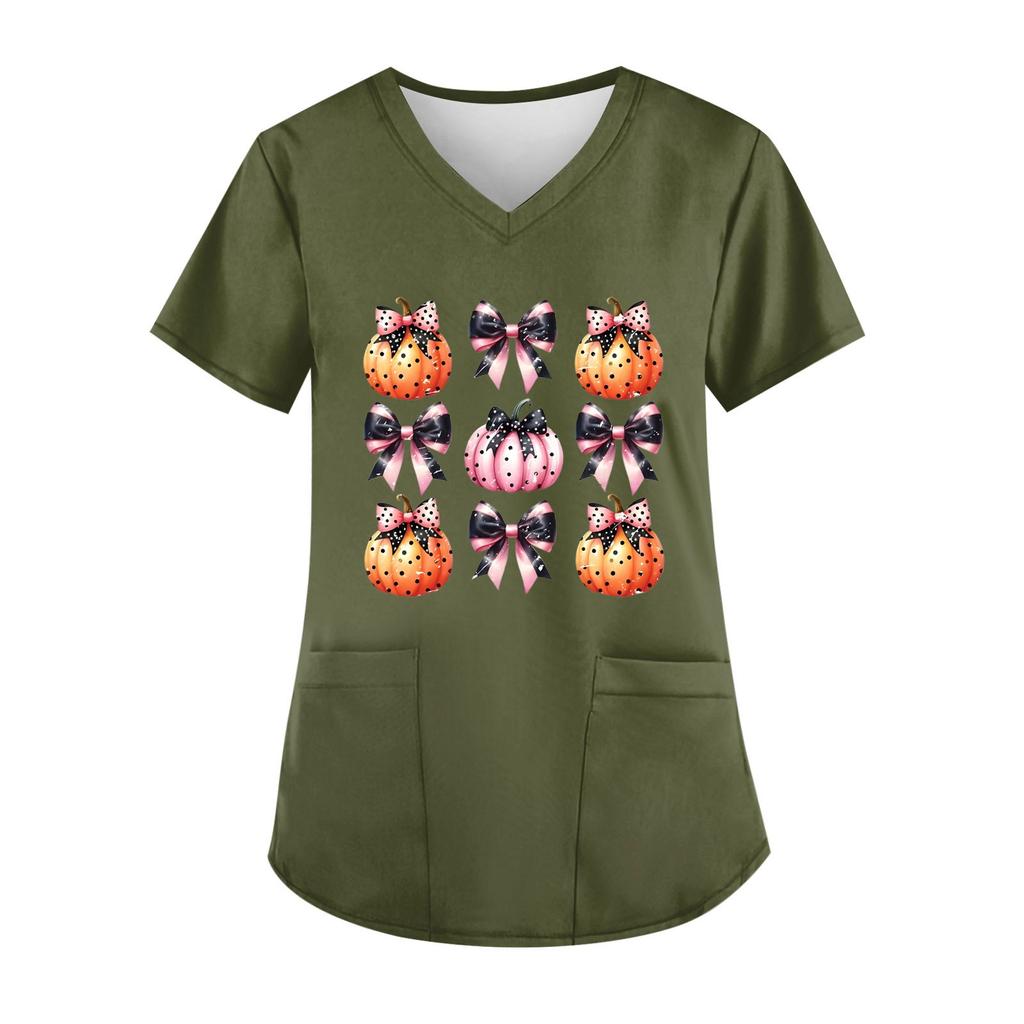 Женская мода V-образный вырез повседневные Хэллоуин принтованные топы с карманами рабочая одежда