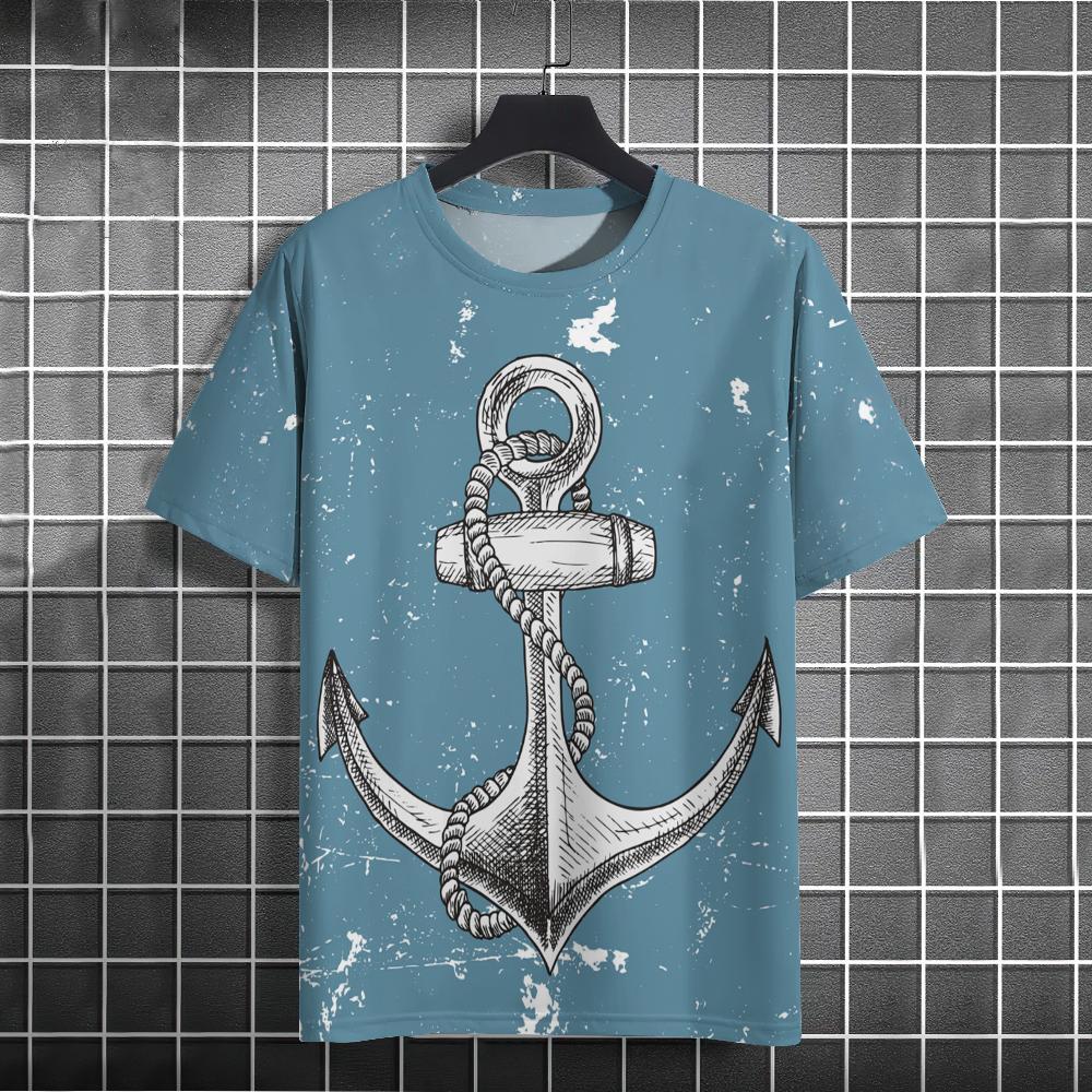 Мужская футболка в стиле ретро с 3d принтом «Якорь лодки» Футболки с короткими рукавами Топы с морским принтом Свободная футболка большого размера с коротким рукавом для мужчин