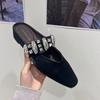 Summer 3cm Elevator Insoles Heeled Mules Shoes for Women Black Suede Shiny Diamond Chain Sexy Party Sandals Slingbacks