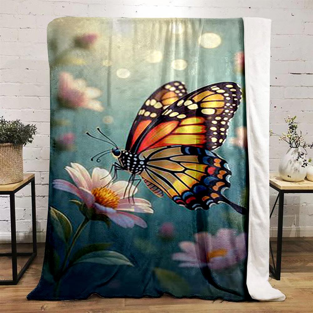 Butterfly and Flowers Illustration Flannel blanket for bedroom living room sofa and nap
